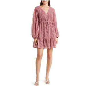 WISHLIST Floral Button Front Long Sleeve Tiered Minidress